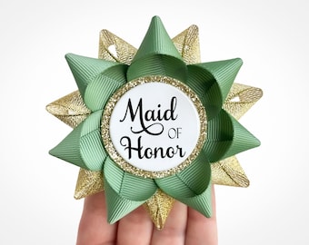 Sage Green Wedding Shower Pin, Custom Ribbon Favor, Maid of Honor Gift, Sage and Gold