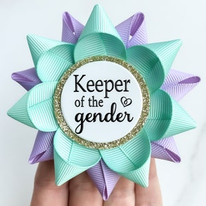 Light Purple and Aqua Gender Reveal Party Keeper of the Gender Pin, Gender Keeper Pin, Custom Color, Aqua and Lavender image 1