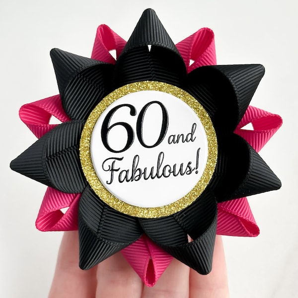 60th Birthday Gift Pin, 60th Birthday Gifts for Women, 60th Gift for Her, Sixtieth Birthday Party Pin, Custom Colors, Black and Hot Pink