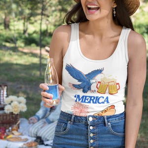 America 4th of July Tank Top, Funny Beer Hotdogs Fireworks Shirt, Unisex Jersey Tank, Independence Day Sleeveless Tee, Patriotic Party Top,