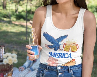 America 4th of July Tank Top, Funny Beer Hotdogs Fireworks Shirt, Unisex Jersey Tank, Independence Day Sleeveless Tee, Patriotic Party Top,