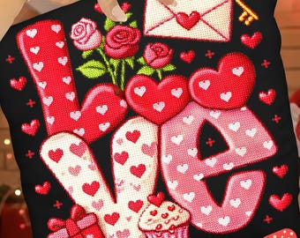 Faux Cross Stitch LOVE PNG, Preppy Cherry Valentine Design, Coquette Pink Vday PNG, Grannycore Thrifted 90s Digital Download