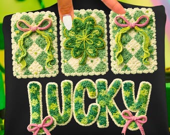 Latch Hook Yarn Lucky Charm PNG, Faux Yarn Coquette St Patricks Day Design, Shamrock Clover Bow Sublimation, Preppy Irish Mama Graphic