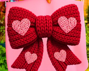 Coquette Valentine PNG, Yarn Faux Embroidery Valentine Bow Design, Digital Download