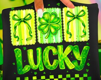 St Patricks Day PNG Sublimation Design, Preppy Lucky Clover Coquette Bow Graphic, Cute Shamrock Brushstroke Art for Irish Holiday Apparel
