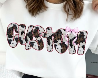 Custom Name Cow Print PNG | Personalized Western Cowhide Design with Coquette Pink Bow | Trendy Mother’s Day Sublimation for Cowgirl Moms