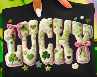 Lucky Charm Latch Hook Yarn PNG, Faux Yarn Coquette St Patricks Day Graphic, Shamrock Clover Bow PNG, Preppy Lucky Mama Shirt Design