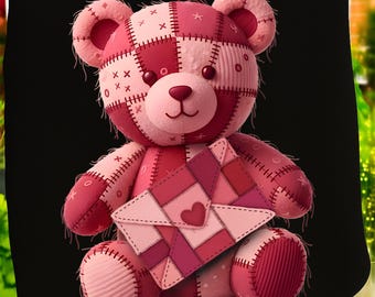 Patchwork Valentine Teddy Bear PNG | Coquette Heart Design (Digital Download)