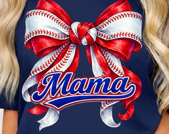 Mama Baseball Bow PNG, Baseball Mom Bow Design, Red White Sports Clipart, Transparent Background