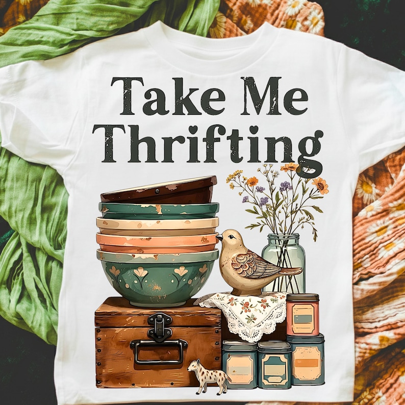 May include: White t-shirt with the text "Take Me Thrifting." The graphic features a stack of bowls, a bird, flowers in a jar, and a wooden chest. Additional elements include small jars and a spotted animal figurine.