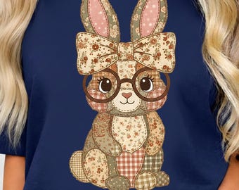 Easter Bunny Patchwork PNG | Faux Quilted Christian Design | Preppy Cottagecore Sublimation | Spring Religious Shirt PNG for Easter