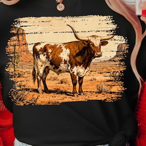 Vintage Longhorn Bull PNG, Western Cowboy Sublimation Art, Rustic Ranch Life Cattle Design, Retro Farm Animal Shirt, Desert PNG