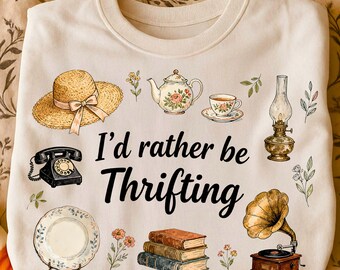 I'd Rather Be Thrifting PNG, Minimalist Thrift Lover Design, Cottagecore Vintage Aesthetic, Coquette Antique Store Graphic PNG