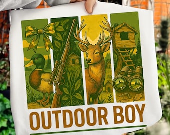 Retro Hunting Shirt Design: Outdoor Boy with Duck, Deer, Rifle - Rustic Wildlife Graphic for Country Hunter