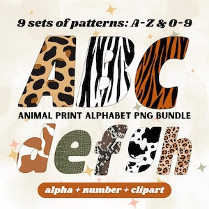 Animal Print Alphabet PNG Bundle, Safari Letters Clipart, Leopard Cheetah Tiger Giraffe Cow Print Fonts, Jungle Zoo Animal Sublimation PNG