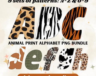 Animal Print Alphabet PNG Bundle, Safari Letters Clipart, Leopard Cheetah Tiger Giraffe Cow Print Fonts, Jungle Zoo Animal Sublimation PNG