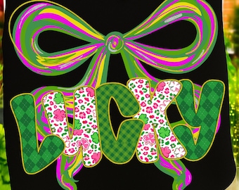 Lucky St Patrick’s Day PNG Sublimation Design with Shamrocks and Colorful Bow, Retro Green Plaid Letters Digital Download Clipart