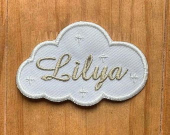Embroidered Name Patch - Monochrome White Cloud Iron-On Patch - Personalized Baby and Child Clothing Label - Chic Minimalist Style