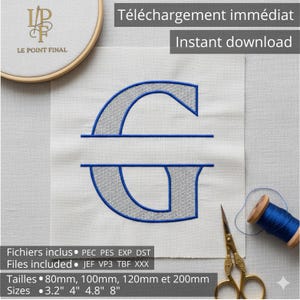 Letter G Embroidery, Digitized by Machine, 4 Sizes (80/100/120/200 mm), Formats: Pes, Pec, Exp, Dst, Jef, VP3, XXX, Tbf – Embroidered Alphabet