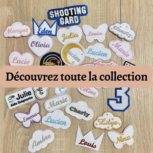 Assortiment d'écussons personnalisés : nuages, cœurs, papillons et badges professionnels brodés en France