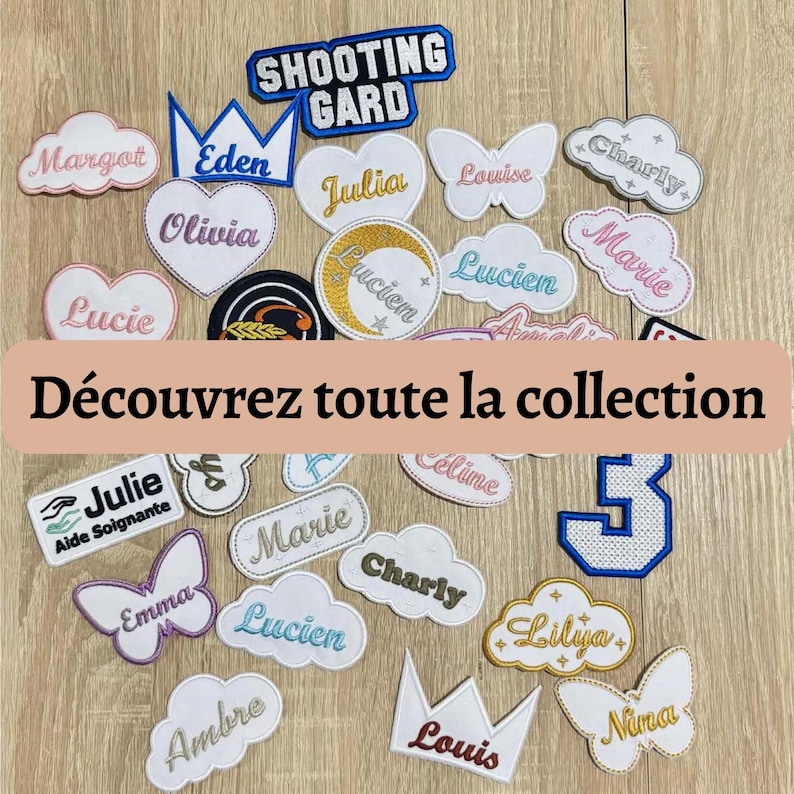 Assortiment d'écussons personnalisés : nuages, cœurs, papillons et badges professionnels brodés en France