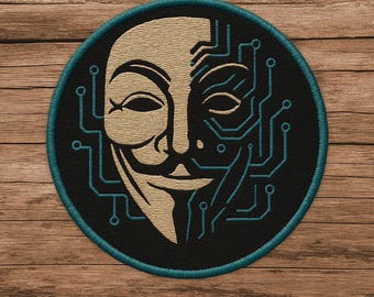 Embroidered Anonymous Hacker Patch – Guy Fawkes Mask and Circuit Board – Cyberpunk Style – Round Iron-On Patch