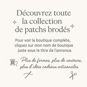 May include: A cream-coloured background displays French text promoting a collection of embroidered patches. The text encourages viewers to click the shop name for more. Includes the phrases "Plus de formes, plus de couleurs, plus d'id&eacute;es cadeaux artisanales."