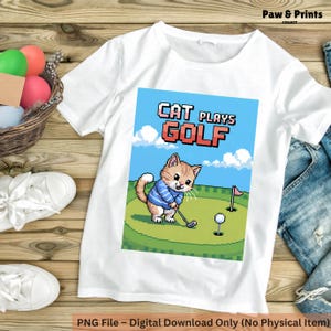 Cute Gamer Funny Cat Golf Png, Retro 8-bit, T-Shirt Design, Sweatshirt Png, Instant Download Png, DTF