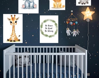 Safari Animal Nursery Art Set: Watercolor Elephant, Lion, Giraffe, Zebra (Digital Download)