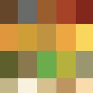 Puede incluir: Una paleta de colores con una cuadrícula de 30 cuadrados, cada uno lleno de un color sólido diferente. Los colores van desde el marrón oscuro y el azul marino hasta el beige claro y el amarillo, con tonos de naranja, verde y rojo.
