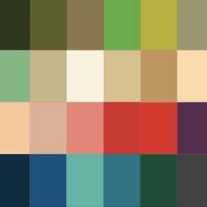 Puede incluir: Una paleta de colores con una cuadrícula de 30 muestras de color diferentes. Los colores van desde el marrón oscuro y el azul marino hasta el beige claro y el amarillo, con tonos de naranja, verde y rojo. La disposición es una representación visual de las variaciones de color.