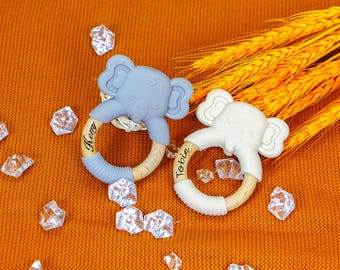 Personalized Elephant Silicone Teether – Custom Name Ring Toy for Babies, First Birthday Gift, Safe Chew Toy for Teething Pain Relief