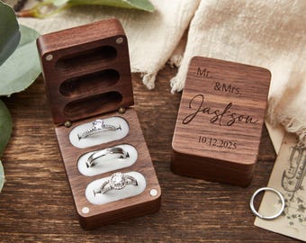 Personalized Walnut Wedding Ring Box, Engraved Engagement Gift, Proposal Wooden Ring Bearer, Triple Slot Wedding Ring Box, Anniversary Gift