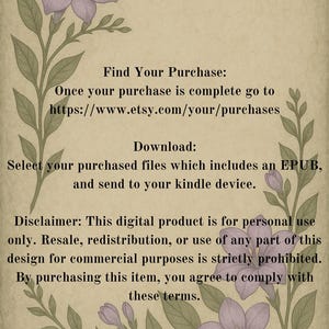 Op de afbeelding: Afbeelding van een digitaal product met een vintage esthetiek. De afbeelding bevat bloemenillustraties in paars en groen, met de tekst "NA AANKOOP" en instructies voor het downloaden van de gekochte bestanden.