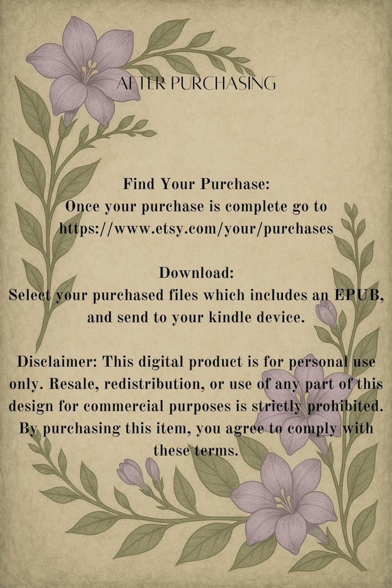 Op de afbeelding: Afbeelding van een digitaal product met een vintage esthetiek. De afbeelding bevat bloemenillustraties in paars en groen, met de tekst "NA AANKOOP" en instructies voor het downloaden van de gekochte bestanden.