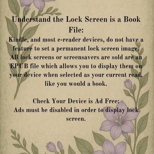 Op de afbeelding: Een vintage-achtige afbeelding met tekst over e-reader vergrendelschermen. De tekst wordt omringd door bloemenillustraties in paars en groen. De tekst legt uit hoe je vergrendelschermen op e-readers kunt weergeven.
