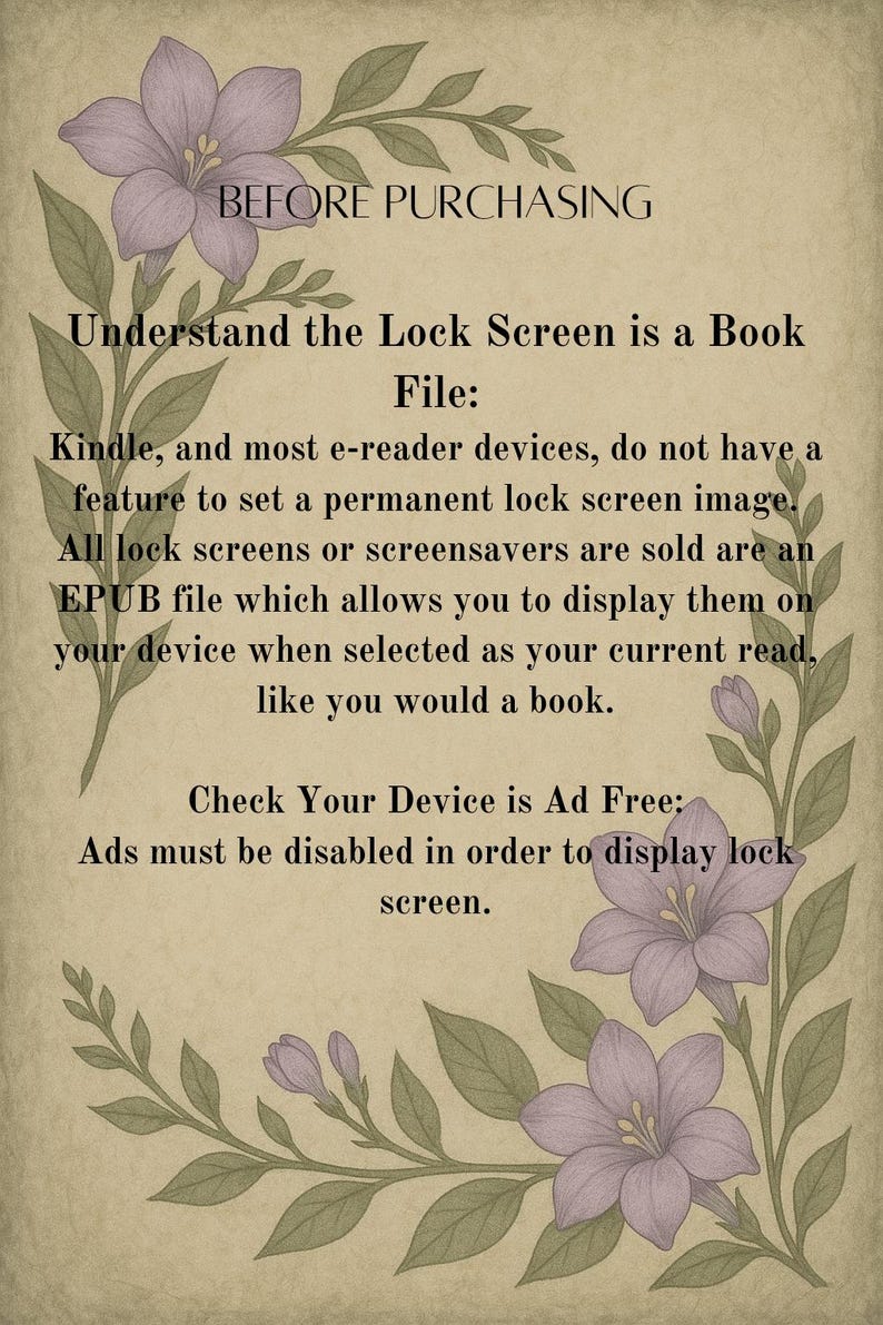 Op de afbeelding: Een vintage-achtige afbeelding met tekst over e-reader vergrendelschermen. De tekst wordt omringd door bloemenillustraties in paars en groen. De tekst legt uit hoe je vergrendelschermen op e-readers kunt weergeven.