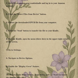 Op de afbeelding: Een beige instructiegids getiteld "HOW TO INSTALL?" met stappen voor het installeren van een EPUB-bestand op een Kindle. De gids is versierd met paarse bloemen en groene bladeren. De tekst bevat instructies.