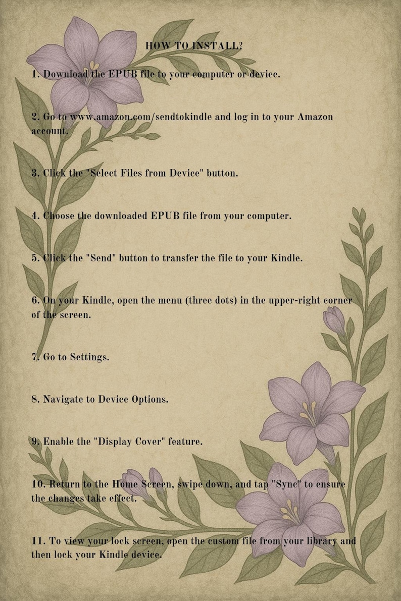Op de afbeelding: Een beige instructiegids getiteld "HOW TO INSTALL?" met stappen voor het installeren van een EPUB-bestand op een Kindle. De gids is versierd met paarse bloemen en groene bladeren. De tekst bevat instructies.
