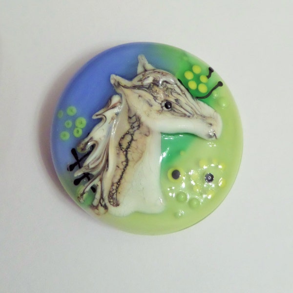 Lampwork Glass Cabochon 32mm, Horse Cab, Handmade Lampwork Jewelry Designer Cab, Round Blue and Green Horse Cabochon, Jewelry Supplies