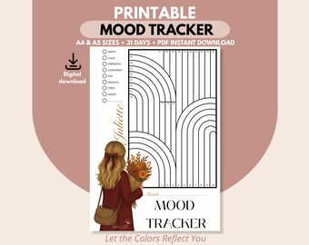May include: Printable mood tracker with a woman illustration, A4 & A5 sizes, 31 days, PDF instant download. The design includes a mood chart with arched lines and a woman holding flowers. The text says "Let the Colors Reflect You".