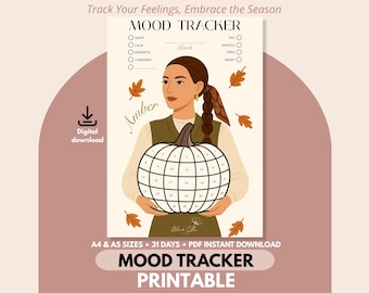 May include: A printable mood tracker with a woman holding a pumpkin-shaped calendar. The design includes the text "Track Your Feelings, Embrace the Season" and "Mood Tracker Printable". The color palette features warm tones with autumn leaves.