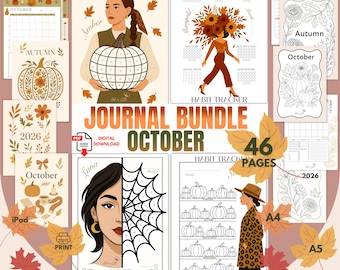 May include: A digital journal bundle with October-themed covers, mood and habit trackers, and calendars. The design features illustrations of pumpkins, autumn leaves, and women. Includes 46 pages, available in A4, A5, and iPad formats.