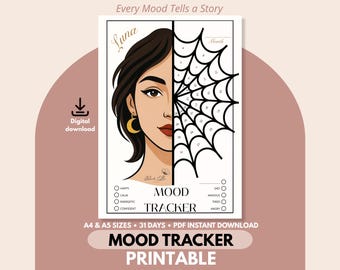 May include: A printable mood tracker featuring a woman's face split in half with a spiderweb design. The words "Mood Tracker Printable" are at the bottom. The tracker includes options for happy, calm, energetic, confident, sad, anxious, tired, and angry.