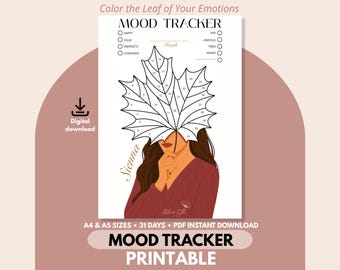 May include: A printable mood tracker with a woman holding a leaf over her face. The leaf is divided into sections for tracking daily moods. The text "Color the Leaf of Your Emotions" and "MOOD TRACKER PRINTABLE" are displayed.