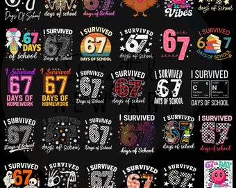 I Survived 67 Days of School png-bundel, leraren, studenten, Six Seven 90s png, leuk mijlpaal-T-shirt, Gen Alpha Meme Vibes, vakantieschool