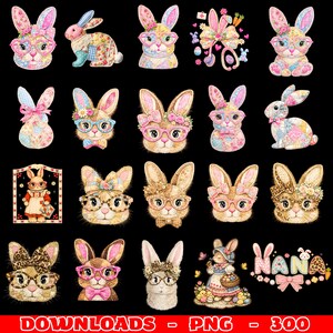 May include: A collection of colorful Easter bunny designs on a black background. The bunnies are wearing glasses, bows, and floral accents. Some designs include a bunny dressed in a dress, and the word "NANA" with a bow.