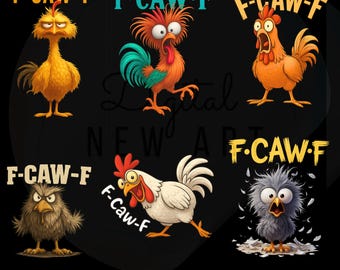 30 F-Caw-F kip PNG SVG-bundel, grappige haan cartoon, haan kraaiende meme png's, F-CAW-F haan humor cadeau, grappig schuurdier, 300 png