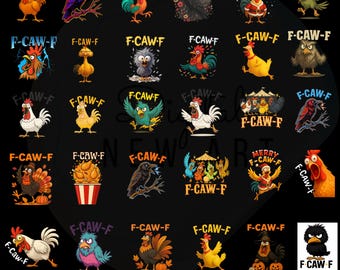 Paquete de 30 PNG SVG de pollo F-Caw-F, caricatura divertida de gallo, meme de gallo cantando PNG, regalo humorístico de gallo F-Caw-F, animal divertido de granero, 300 PNG