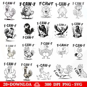 Puede incluir: Una colección de ilustraciones de dibujos animados en blanco y negro de varias aves, incluyendo gallinas, búhos y cuervos, cada una con el texto "F-CAW-F" encima. Las imágenes muestran varias poses y expresiones, algunas parecen enfadadas o sorprendidas.